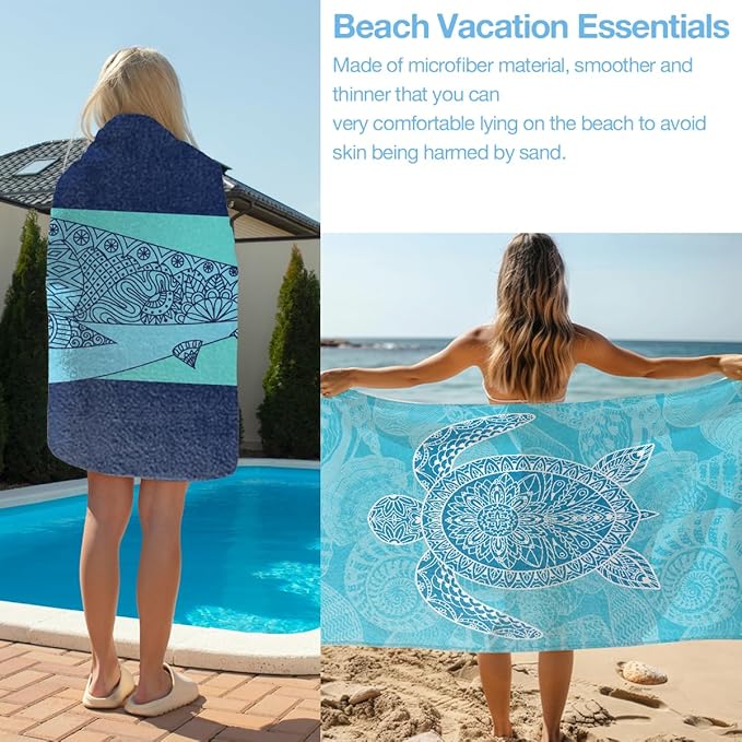2 Pack Ocean Sea Turtle Shark Beach Towel Microfiber Thin Lightweight Quick Dry Oversized Swim Towels Beach Accessories Cruise Vacation Necessities for Bathroom Pool Camping Travel 32x71 inch