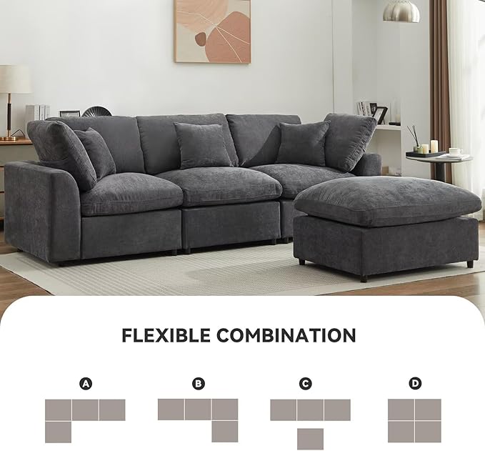 Modular Sectional Sofa Modern Oversized Chenille Cloud Couch with Movable Ottoman 4 Seater L-Shaped Sofas Comfy Couches for Living Room Spacious Space Office Lounge, Dark Grey