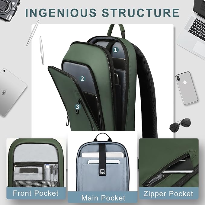 hk Backpack for Men Business Slim Backpack with USB Charger Computer Lightweight Anti-theft Travel (Green, 15.6 Inch)