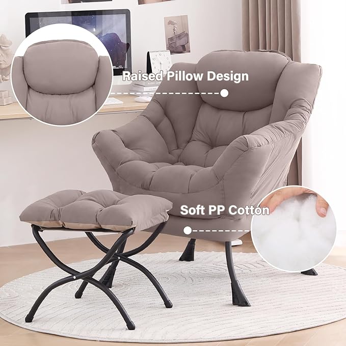 Tiita Lazy Chair with Ottoman, Modern Large Accent Lounge Armchair, Comfy Leisure Sofa Reading Chair with Footrest for Bedroom, Living Room, Dorm Rooms, Garden and Courtyard, Khaki