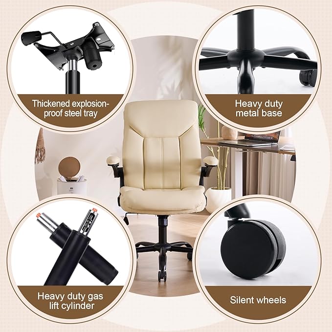 Office Chair, Ergonomic Computer Chair with Flip-up Arms Home Desk Chairs Comfy PU Leather Executive Mid Back Support Adjustable Height Tilt Lock Swivel Rolling Wheels, Beige