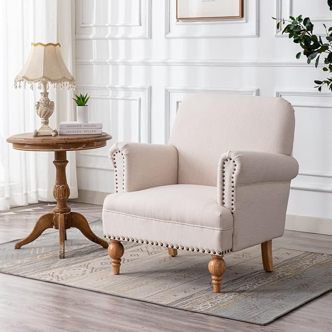 chairus Linen Accent Chair for Living Room Upholstered Mid Century Modern Single Sofa Chair with Solid Wood Legs Comfy Reading Chair Armchair for Bedroom/Office Room/Recption/Lounge, Cream