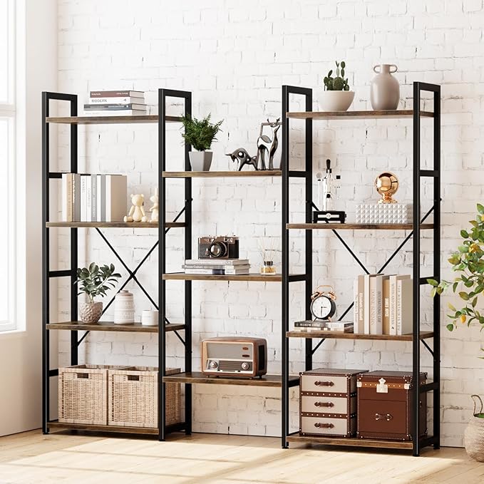NUMENN Triple Wide 4 Tier Bookshelf, Adjustable Rustic Industrial Style Bookcases with 11 Open Display Shelves, Modern Tall Bookcase Furniture for Bedroom, Living Room and Home Office, Vintage
