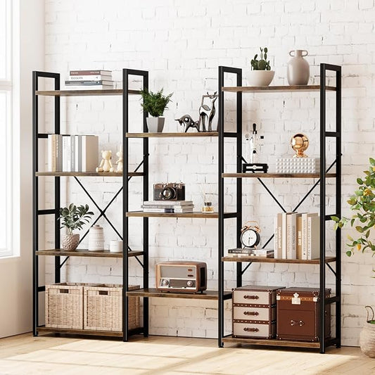 NUMENN Triple Wide 4 Tier Bookshelf, Adjustable Rustic Industrial Style Bookcases with 11 Open Display Shelves, Modern Tall Bookcase Furniture for Bedroom, Living Room and Home Office, Vintage