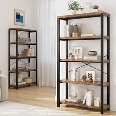 5-Tier Adjustable Heavy Duty Bookshelf, Industrial Wooden Open Storage Rack with Black Metal Frame, Vintage Bookcase with Lock Wall Design, Rustic Brown