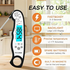 KULUNER TP-01 Waterproof Digital Instant Read Meat Thermometer with 4.6 Folding Probe Backlight Calibration Function for Cooking Food Candy, BBQ Grill, Liquids,Beef(White)