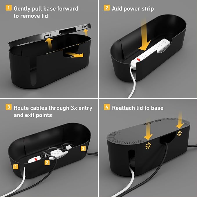 D-Line Cable Management Box, Power Strip Holder, Floor Outlet Hiders, Desk Cord Organizer, Cover TV Wires, Wire Storage, Extension Hider, Office Concealer for Cords, Baby Proof Cables - Large, Black