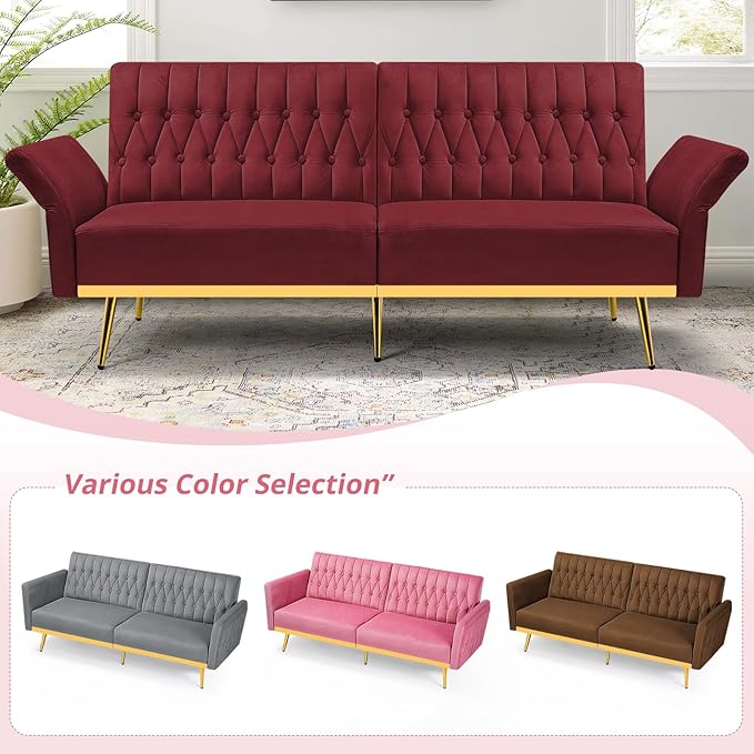 70” Velvet Futon Sofa Bed with 2 Pillows and Adjustable Armrests, Convertible Sleeper Bed W/Adjustable Backrests, Modern Loveseat for Living Room, Bedroom, Red