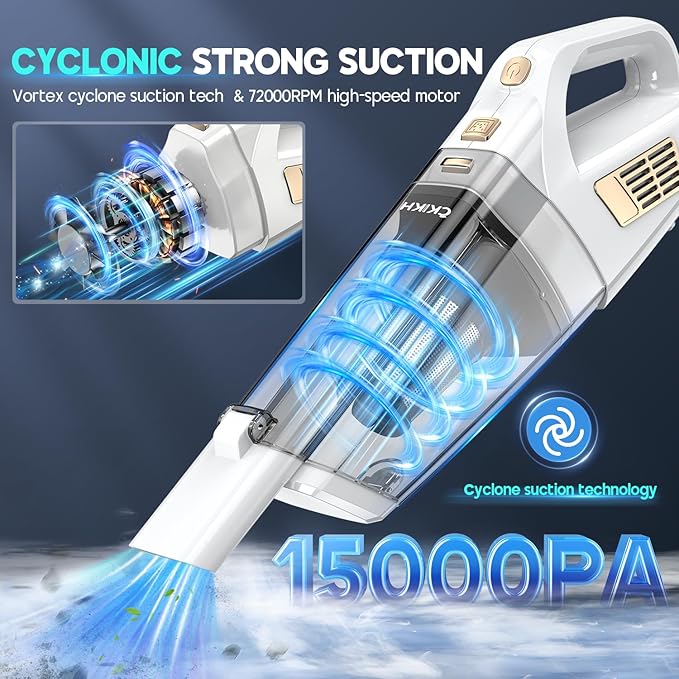 Handheld Vacuum Cordless, 15000PA Strong Suction Hand Held Car Vacuum Cleaner Portable with Multi-Nozzles & Washable Filter, Lightweight Dust Busters Rechargeable for Home, Car, Office, Pets