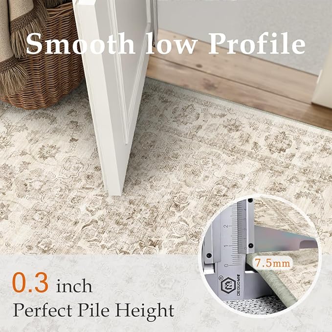 2x4 Washable Neutral Runner Rug Beige Vintage Hallway Kitchen Carpet Non-Slip Soft Low Pile Floral Throw Rug for Bedroom Bathroom Laundry Living Room