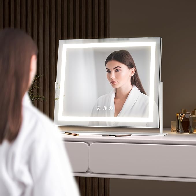Hasipu Vanity Mirror with Lights, 13.8" x 10.6" LED Makeup Mirror, Light up Mirror with 10X Magnification, Smart Touch 3 Colors Dimmable, 360° Rotation (White)