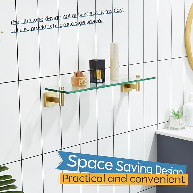 KOKOSIRI Wall Shelves Floating Shelf 20-Inch Stainless Steel Bathroom Hardware Tempered Glass Kitchen Hanging for Storage/Room Decor Gold B1105BG-L20