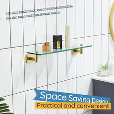 KOKOSIRI Wall Shelves Floating Shelf 20'' Gold Stainless Steel Bathroom Hardware Tempered Glass Hanging Rack Storage/Room Decor 2 Pack B1105BG-L20-P2