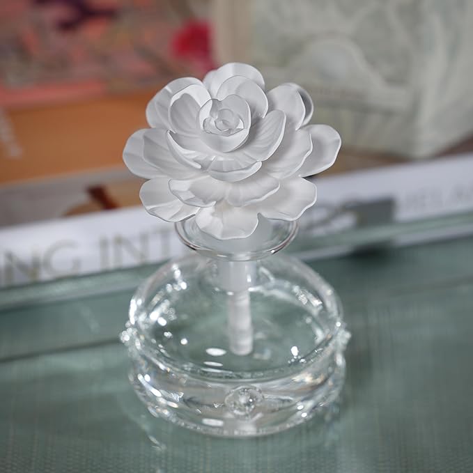 Zodax Grand Casablanca Reed Diffuser - Home Fragrance Oil Diffuser Ideal for Living Room, Bathroom, Office - Porcelain Flower Design - Gift Box Packaging Included - White Rose - 1.69 Oz.
