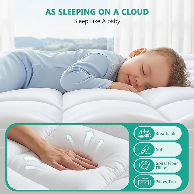 Full XL Mattress Topper - Extra Thick Mattress Pad Cover - Pillow Top with Soft Breathable Spiral Fiber Filling, 8-21 Inch Deep Pocket, Cooling, White