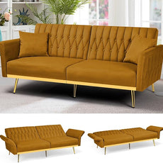 70” Velvet Futon Sofa Bed with 2 Pillows and Adjustable Armrests, Convertible Sleeper Bed W/Adjustable Backrests, Modern Loveseat for Living Room, Bedroom, Ginger