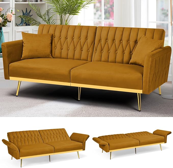 70” Velvet Futon Sofa Bed with 2 Pillows and Adjustable Armrests, Convertible Sleeper Bed W/Adjustable Backrests, Modern Loveseat for Living Room, Bedroom, Ginger