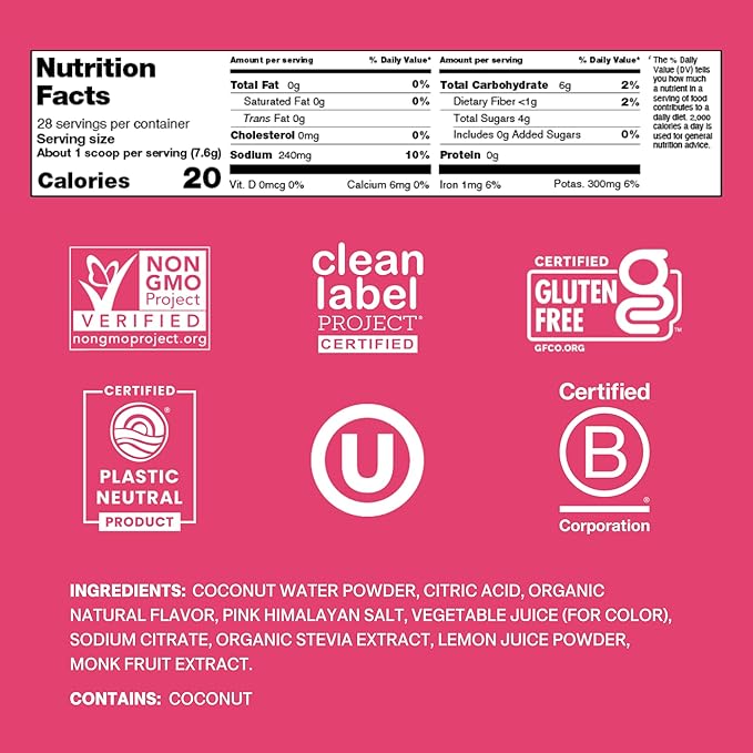 Cure Hydration | Plant-Based Electrolyte Drink Mix | No Added Sugar | Dehydration Relief Powder Made with Coconut Water | Non-GMO | Vegan | 28 Servings Jar - Tropical Punch