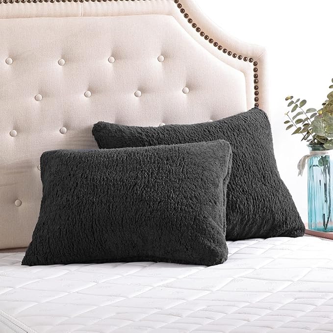 Reafort Ultra Soft Sherpa Pillowcases Pillow Covers Standard Size 20"x26" Pack of 2 with Zipper Closure (Black, 20”x26” Standard Sham)