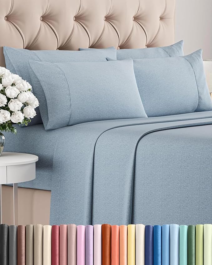 King 6 Piece Sheet Set - Cooling & Breathable Bed Sheets - Hotel Luxury Bed Sheets for Women, Men, Kids & Teens - Bedding w/Deep Pockets & Easy Fit - Soft & Wrinkle Free - King Heathered Blue Sheets