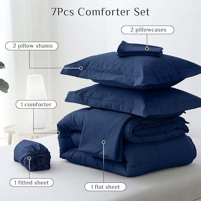 JOLLYVOGUE Queen Comforter Set, Ultra-Soft Bed in a Bag Queen Size 7 Pieces, Oeko-TEX Certified Bedding Set with Down Alternative Comforter, Sheets, Pillowcases & Shams, Navy