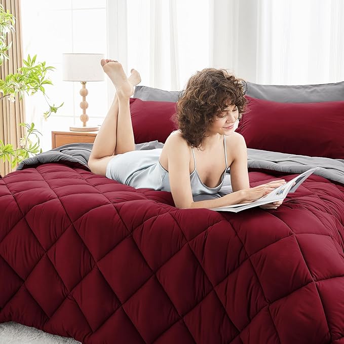 MUXHOMO 7 Pieces California King Comforter Set, Reversible Bed in a Bag Cal King Size, All Season Bedding Set with Comforter, Flat Sheet, Fitted Sheet, Pillowcases & Shams, Burgundy & Grey