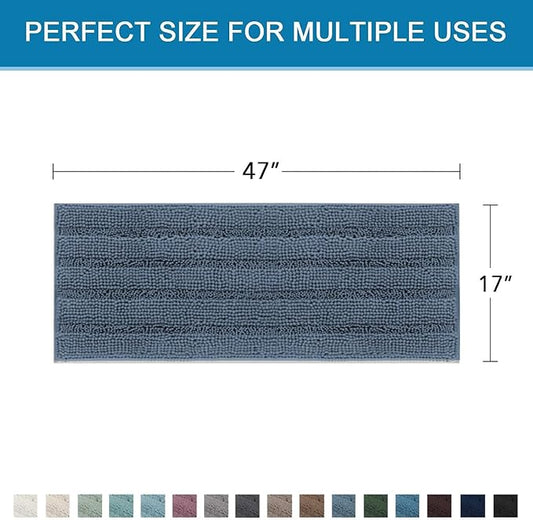 H.VERSAILTEX Bath Rugs for Bathroom Non Slip Bath Mats Thick Chenille Striped Bath Rug Runners 47" x 17" Absorbent Fluffy Soft Shaggy Mats Dry Fast Plush Area Carpet for Bath Room - Blue Indigo