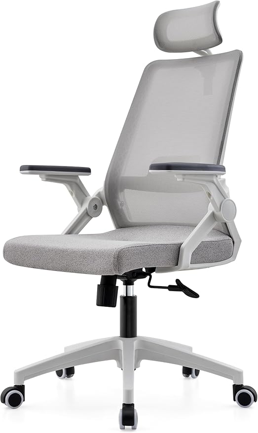 Ergonomic Mesh Office Chair with Dynamic Lumbar Support & Adjustable Headrest, Home Office Desk Chair with 90° Swivel Flip-Up Arms, Grey - Tilt Lock, Height Adjustable, 350 lbs Capacity