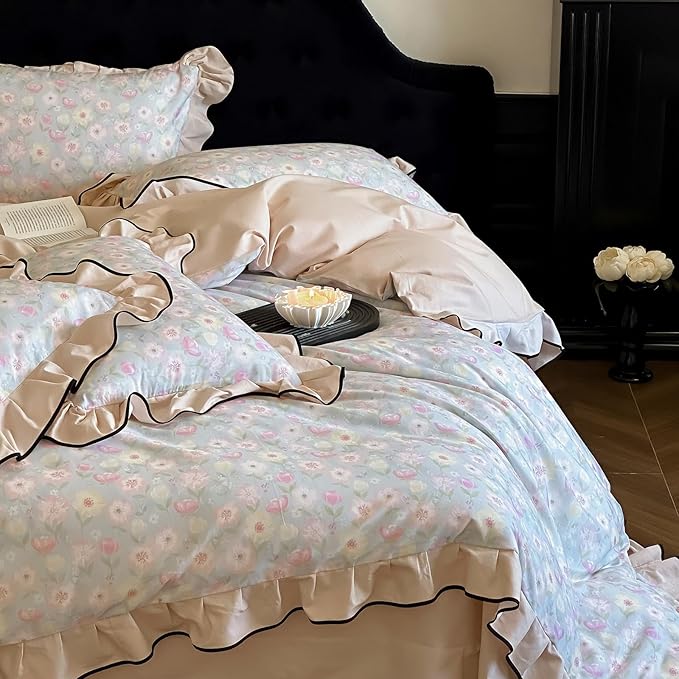 HighBuy Aesthetic Ruffle Floral Duvet Cover Set King,100% Brushed Cotton Soft Durable Reversible Coquette Ruffle Bedding Set,Pink White Floral Bedding Set,Duvet Cover with 2 Pillowcases