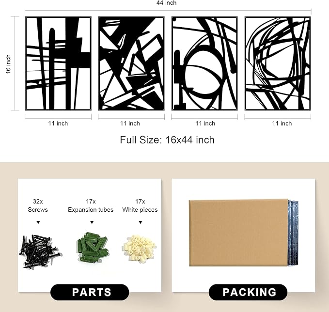 Glamativity Large 4 Pack Black Abstract Metal Wall Art, Minimalist Décor Single Line Art Wall Décor, 3D Textured Metal Wall Sculptures, for Living Room Bedroom Bathroom Study Room (Black, L Size 22.5