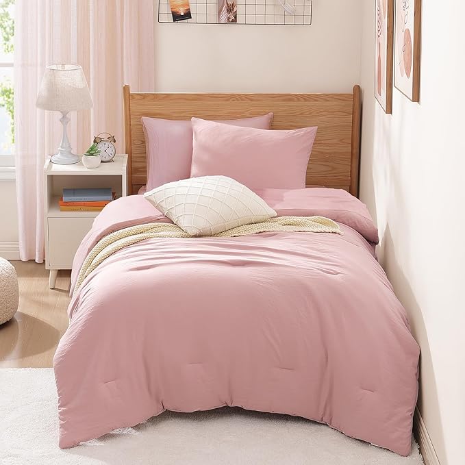 WRENSONGE Twin Comforter Set- 5 Pieces Soft Pink Twin Bed in a Bag, All Season Twin XL Bedding Sets with 1 Fitted Sheet, 1 Flat Sheet, 1 Pillow Sham and 1 Pillowcase
