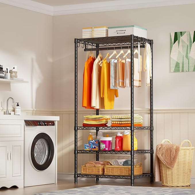 Ulif H4 Mini Portable Closet, 4 Tiers Freestanding Clothing Garment Rack for Small Space, Metal Clothes Wardrobe System for Bedroom, 23.6" W x 14" D x 76.4" H, Load 502 lbs, Black