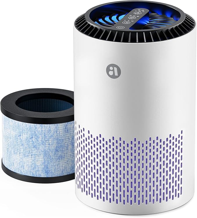 AROEVE Air Purifiers for Bedroom Home, 3 Layer Filter for Smoke Pollen Allergies Pet Dander Odor, Sleep Mode, Energy Saving, 4 Speeds, Timer for Office, Dorm, MK01A White+Blue