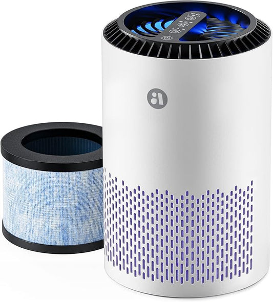AROEVE Air Purifiers for Bedroom Home, 3 Layer Filter for Smoke Pollen Allergies Pet Dander Odor, Sleep Mode, Energy Saving, 4 Speeds, Timer for Office, Dorm, MK01A White+Blue