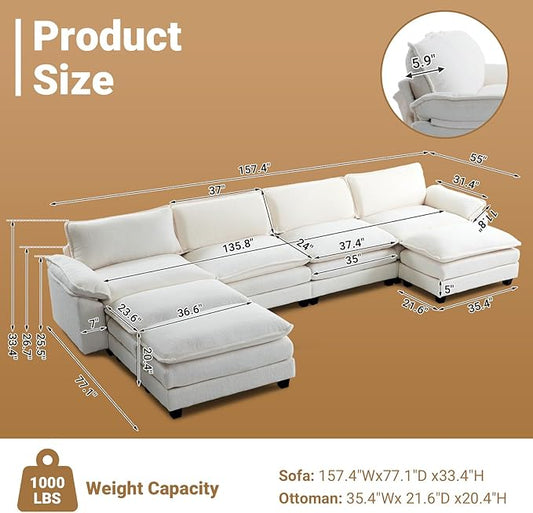 VINGLI 157" Cloud Teddy White Convertible Sectional Sofa, Comfy U-Shape Extra Deep Seat Sofa Couch for Living Room,Modern Chenille 4-Seat Convertible Sofa with 3 Movable Ottomans for Small Space