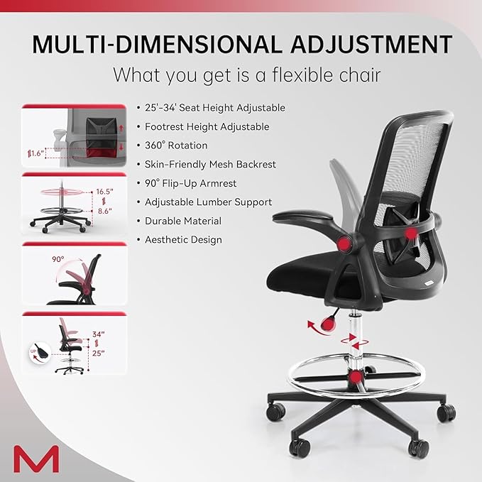 Drafting Chair with Mesh Backrest, Foot Ring,Tall Office Chair with Flip-Up Armrest,Set of 2 Counter Height Office Swivel Standing Desk Chair with Lumbar Support for Home,Office,Bar