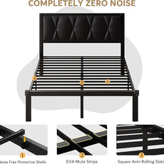 iPormis Queen Metal Bed Frame, Faux Leather Button Tufted Headboard Platform Bed, Heavy Duty Slats Support, 12