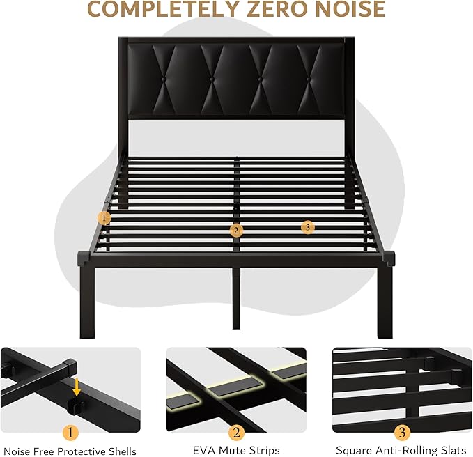 iPormis Queen Metal Bed Frame, Faux Leather Button Tufted Headboard Platform Bed, Heavy Duty Slats Support, 12" Under Bed Storage, No Box Spring Needed, Easy Assembly, Black