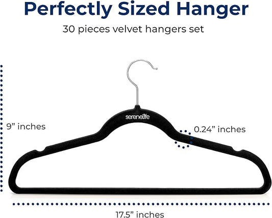 SereneLife 30 Pack Velvet Hangers – Non-Slip Clothes Hangers with Heavy Duty Design, Slim Space-Saving Coat Hangers with 360° Swivel Hook, Strong Lightweight Closet Organizer Set for Clothes (Black)