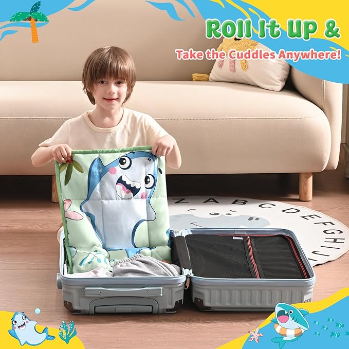 anfie Weighted Lap Pad 2 Pounds, Weighted Blanket Kids(20"*30") Cooling Blanket for Sleeping,Weighted Throw Blanket for Travel Indoor Outdoo(Green Shark)