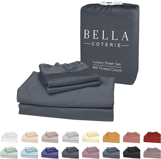 Bella Coterie Luxury Bamboo Viscose Split King Size Sheet Set | 2 Fitted Sheets for Sleep Number & Adjustable Beds | 100% Organically Grown | Cooling & Ultra Soft | 18” Deep Pocket [Charcoal Grey]