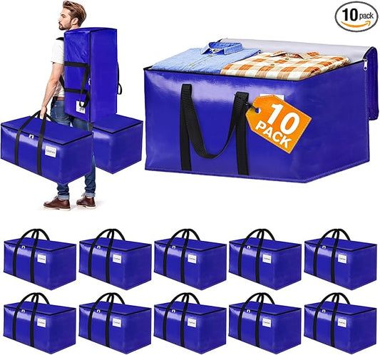 10-Pack Moving Bags with Backpack Straps & Carry Handles, 25 Gallons-93 L Heavy Duty Storage Totes for Space Saving, Foldable Storage Bags for College Dorm, Travel, Camping (Blue)