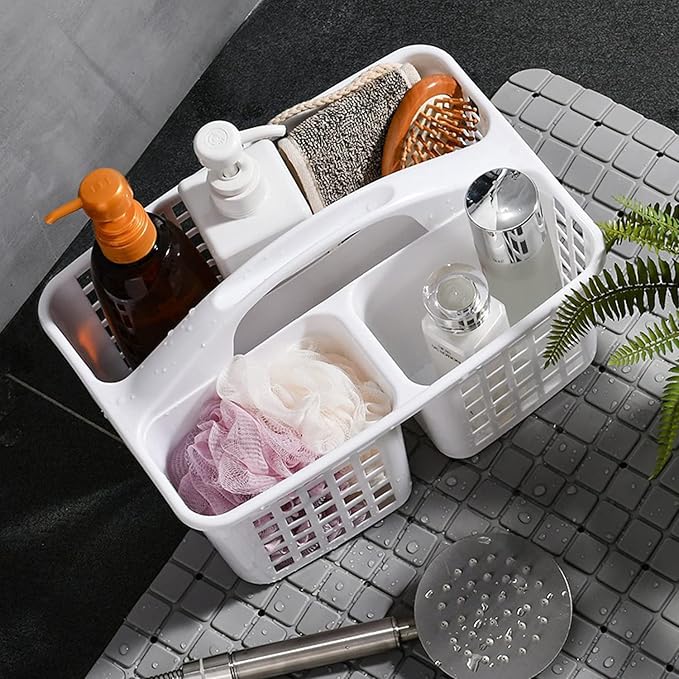 Haundry 3 Compartments Plastic Shower Caddy Basket, Portable Divided Cleaning Supply Storage Organizer with Handle (White)