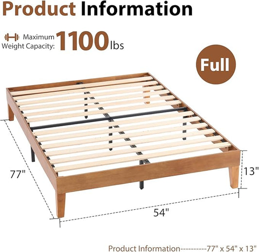 Sweetcrispy Solid Wood Bed Frame, Full Size Bed Base with Wood Slat Support, Sturdy, Stylish & Noise-Free Design, No Box Spring Needed, Easy Assembly, Dark Brown