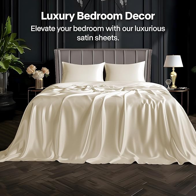 BEDELITE Satin Sheets Queen Size Bed Set, Luxury Soft Beige Silky Sheets for Hair and Skin, Similar to Silk Bed Sheets Set 4 Pieces （1 Deep Pocket Fitted Sheet, 1 Flat Sheet, and 2 Pillowcases）