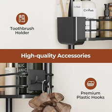 Orimade Rustproof 2 Tier Floor Standing Corner Shower Caddy Organizer with Toothbrush Holder, Large Spacing Floor Shower Shelf Rack Storage Stands with Hooks for Bathroom Kitchen, Black