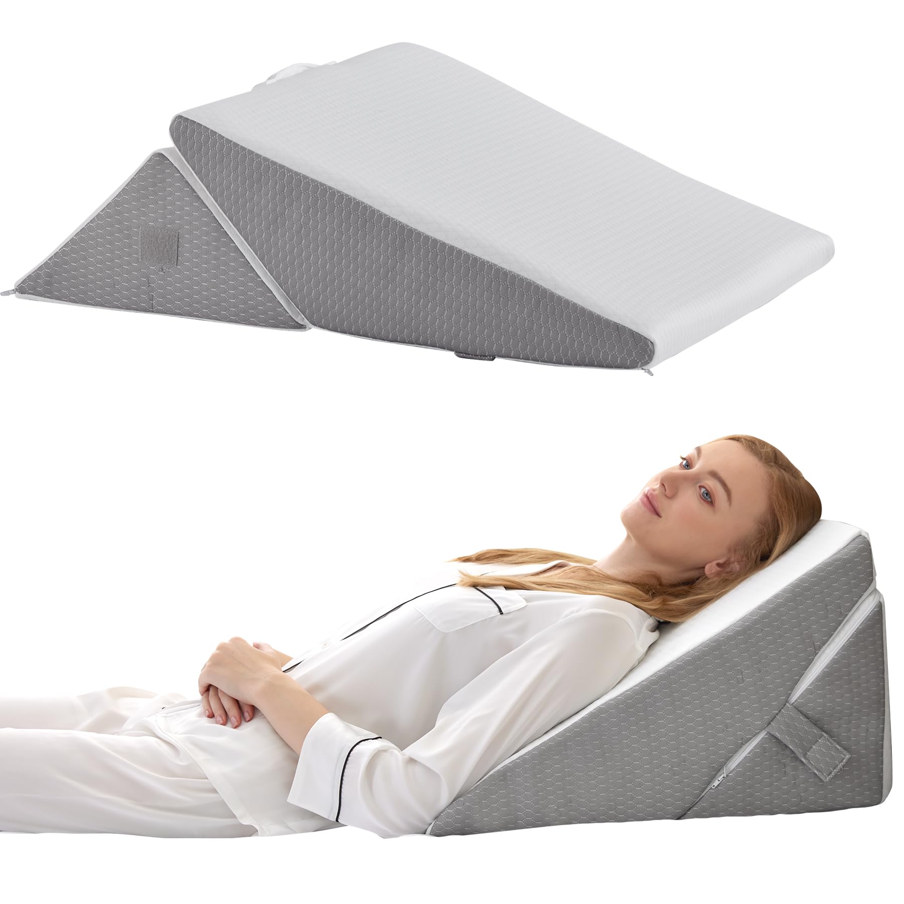 Bedluxe Wedge Pillow Headboard, 3PCS Orthopedic Bed Wedge Pillows Set for After Surgery, Adjustable Pillow Wedge for Acid Reflux&Back Pain Relief, Sleeping, Back Pillow for Bed Sitting Up, White/Grey Dormly