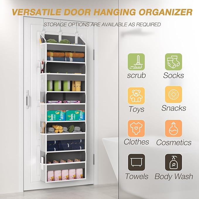 Over the Door Organizer with 5 Front & 10 Mesh Side Pockets, 50LB Capacity Extra Large Hanging Storage Organizer Multi-Room Space-Saving Design with 3 Hook for Closet, Bathroom, Kitchen, Pantry, Grey