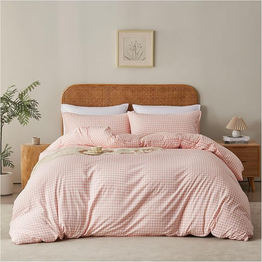 Gingham Duvet Cover Full Size 3Pcs Pink Plaid Checkered Bedding Set Soft Breathable Washed Microfiber Grid Comforter Cover Lightweight Farmhouse Bedroom Decor Gifts for Women Girls Teens
