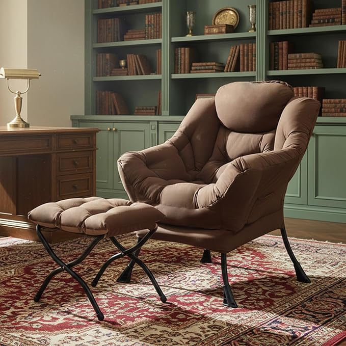 Tiita Lazy Chair with Ottoman, Modern Large Accent Lounge Armchair, Comfy Leisure Sofa Reading Chair with Footrest for Bedroom, Living Room, Dorm Rooms, Garden and Courtyard, Brown